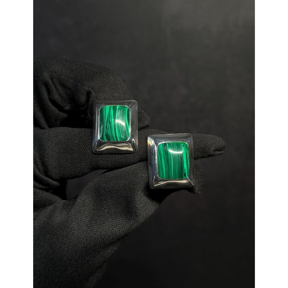 Taxco Sterling Silver Malachite Square Stud Earrings Mexico TA-11